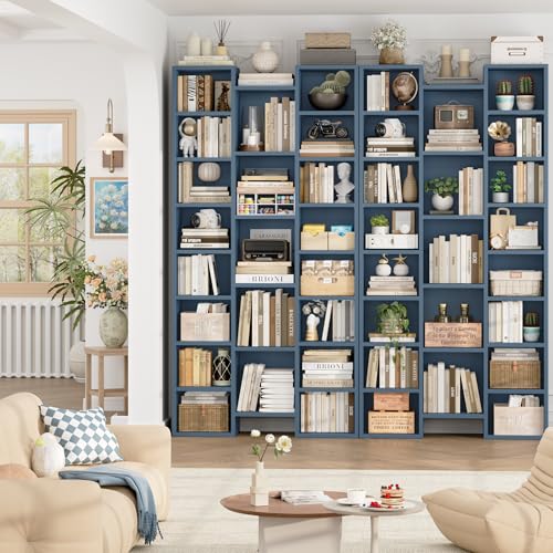 FOTOSOK 71'' H Bookshelf with 21 Cubes, Triple Wide Tall Bookshelf Blue | 8 Tier Bookcase with 8 Adjustable Shelves, Large Bookshelf DVD/CD Media Tower Storage, Freestanding Display Shelf Cabinet - color: Blue