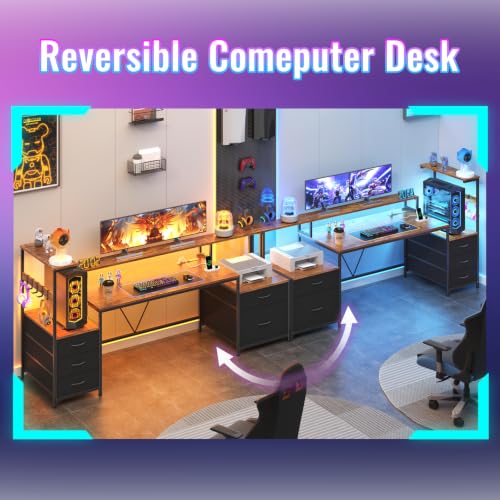 63" Gaming Desk with Drawers, Storage Shelves and Printer Stand | Computer Desk with Monitor Stand and LED Lights, Reversible Home Office Desk with Printer Shelf, Rustic Brown - color: Rustic Brown