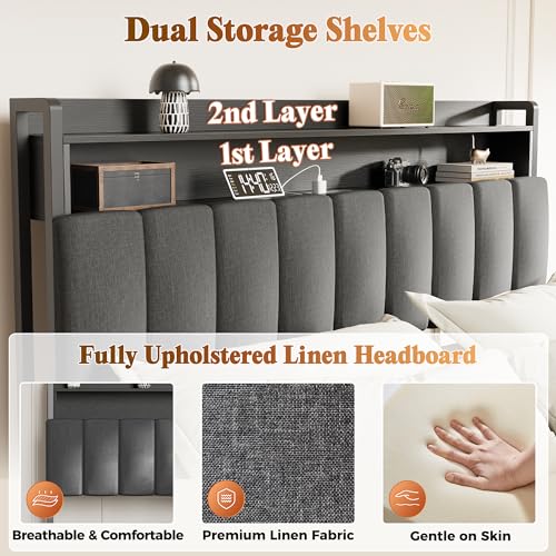 Bed Frame Queen Size with Upholstered Headboard & Charging Station, Queen Bed Frame with 4 Storage Drawers, 2-Tier Open Shelves, No Box Spring Needed, Slient Foam Strip, Easy Assembly, Grey - color: Grey, size: Queen