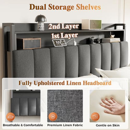 Bed Frame Queen Size with Upholstered Headboard & Charging Station, Queen Bed Frame with 4 Storage Drawers, 2-Tier Open Shelves, No Box Spring Needed, Slient Foam Strip, Easy Assembly, Grey - color: Grey, size: Queen