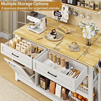 Kitchen Island with Storage and Seating Include 2 Bar Stools, Drawers,White | 47" Solid Rubberwood Top Kitchen Island with Trash Can Storage, Power Outlet, 6 Hooks, Coffee Bar Cabinet, Dining Table for 2 - color: White