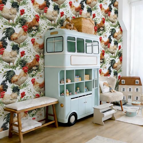 Vintage Wallpaper Rooster Floral Botanical Peel and Stick Wallpaper | Cream base watercolor rooster and wildflower print, Removable waterproof vinyl wall covering, bedroom accent wall decor - color: ML-M100, size: 17.7" x 236"
