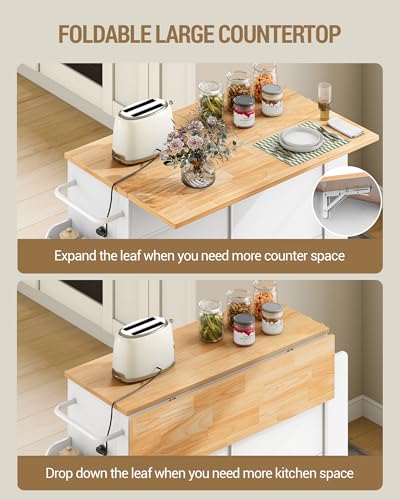 Hzuaneri Kitchen Island with Power Outlet & Drop Leaf, 53.1" Rolling | Kitchen Island Cart on Wheels, Portable Mobile Island Table with Spice Rack Towel Rack, Knife Holder Drawers, White KT00103W
