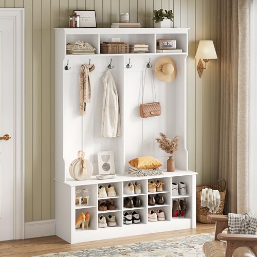 Hall Tree with Bench and Shoe Storage, 53" Farmhouse 4-in-1 Mudroom Storage Organizer with Coat Rack, 6 Hooks, 12 Shoe Cubbies, Adjustable Shelf, for Entryway, Hallway, Living Room, White - color: White