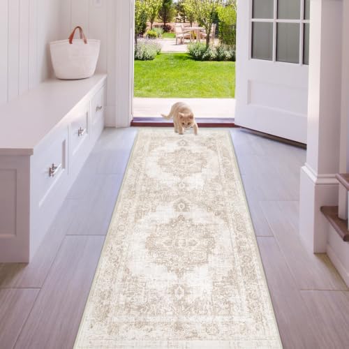 Area Rug 2x6 Runner Rug: Washable Vintage Hallway Rugs Indoor Medallion Rug Low Pile Distressed Floor Carpet Retro Accent Rugs for Kitchen Bedroom Bathroom Dining Room(Beige, 2'x6') - color: Beige, size: 2' x 6' (Rectangular)