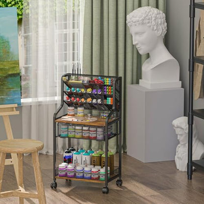 Small Rolling Utility Cart with Drawer, Metal Craft Storage Cart with Lockable Wheel, Versatile Art Organizer with 6 Tiers & Removable Dividers for Drawing Room, Store Paint & Artifact, Patent Pending - size: 3 Tiers