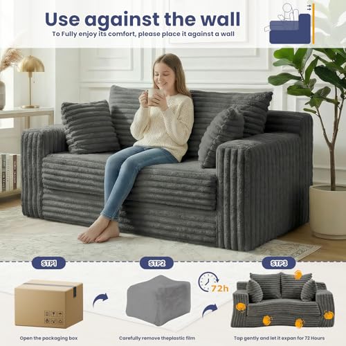 3-in-1 Convertible Sofa Bed: Boneless Loveseat Sleeper & Folding Couch Bed with 4 Pillows & Detachable Cushion, Furry Futon Couch for Bedroom, Apartment, Office and Living Room, No Assembly, Grey - color: D-grey, size: Loveseat Sofa