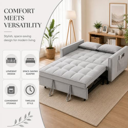 3 In 1 Velvet Convertible Sofa Bed, Pull Out Couch Bed with Reclining Backrest And 2 Pillows, 54" Full Size Loveseat Sleeper Sofa Futon Couch Bed, Couches For Small Spaces, Living Room (Silver Grey) - color: Silver Grey