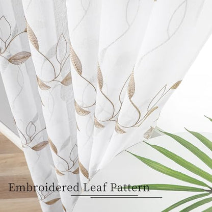 Tollpiz Taupe Leaf Sheer Tier Curtain Kitchen 30 x 36 Inches | Leaves Embroidered Curtains Rod Pocket Voile Bathroom Window Treatment for Cafe, Set of 2 Panels - color: Taupe, size: 30"W x 36"L (Pack of 2)