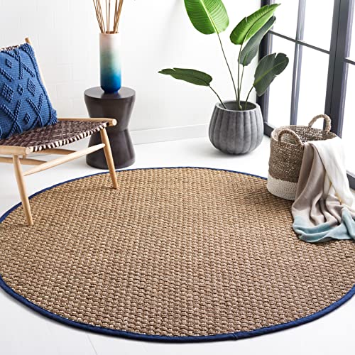 SAFAVIEH Area Rug 3' Round - Natural Fiber Collection - Natural & Blue, Seagrass, Basketweave Pattern with Border (NF114E) - color: Natural/Navy Blue, size: 3' (Round)