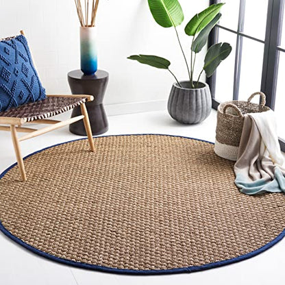 SAFAVIEH Area Rug 3' Round - Natural Fiber Collection - Natural & Blue, Seagrass, Basketweave Pattern with Border (NF114E) - color: Natural/Navy Blue, size: 3' (Round)