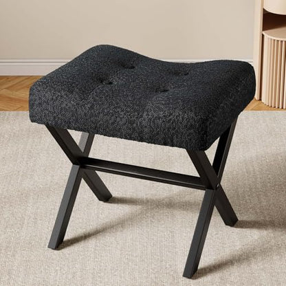 18-Inch Large Vanity Stool Chair, Black Makeup Stool | Teddy Flannel Vanity Bench, Metal X-Leg, 350 LBS, 20"x16.9"x18", Ottoman Accent Stool, Breathable Soft Padded Saddle Seat - size: Large, style: Black Fabric