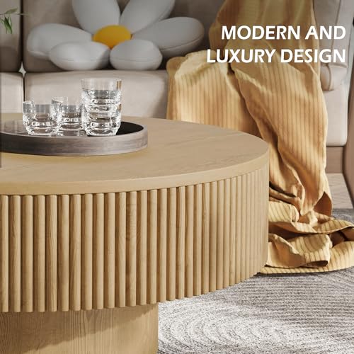 YOUDENOVA 31.5” Round Fluted Coffee Table, Modern Wood Circle Coffee Table, Veneer Handcrafted Relief Tea Table with Sturdy Pedestal for Living Room - Natural - color: 31" Natural-round
