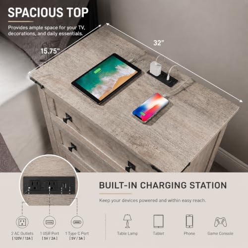 T4TREAM 32" Farmhouse 3 Drawer Dressers, Large End Table w/Charging Station | Rustic Wood Bedside Table for Bedroom, Living Room, Hallway, Light Rustic Oak - color: Light Rustic Oak, size: 15.8"D x 32"W x 32"H (3 Drawers)