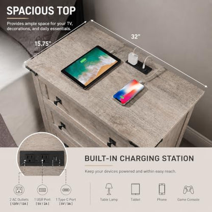 T4TREAM 32" Farmhouse 3 Drawer Dressers, Large End Table w/Charging Station | Rustic Wood Bedside Table for Bedroom, Living Room, Hallway, Light Rustic Oak - color: Light Rustic Oak, size: 15.8"D x 32"W x 32"H (3 Drawers)