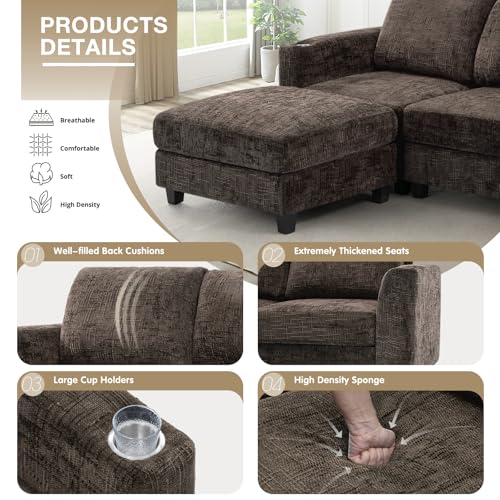 87" Chenille 3 Seater Couch with Soft Ottoman, Brown | L-Shape Sectional Sofa with Durable Cup Holders, Upholstered Sofa with Comfy Backrests for Living Room, House - color: Brown, size: 87" L-Shape