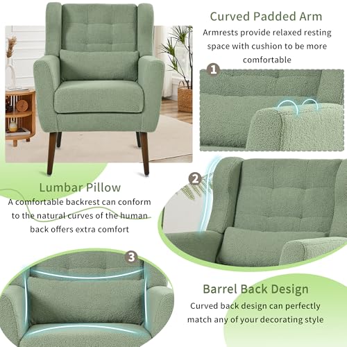 Modern Accent Chair, Upholstered Armchair with Pillow, Teddy Single Sofa Chair with Lounge Seat and Wood Legs Accent Chair for Living Room Bedroom Small Spaces - color: Teddy Light Green, size: Set of 1