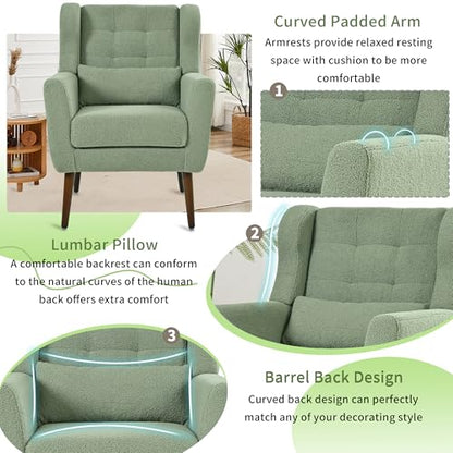 Modern Accent Chair, Upholstered Armchair with Pillow, Teddy Single Sofa Chair with Lounge Seat and Wood Legs Accent Chair for Living Room Bedroom Small Spaces - color: Teddy Light Green, size: Set of 1