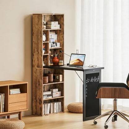 Foldable Wall Mounted Desk with Storage Shelves & Blackboard, Fold-Out Convertible Writing Table for Small Spaces | Space-Saving Floating Computer Desk for Home Office (Brown) - color: Brown