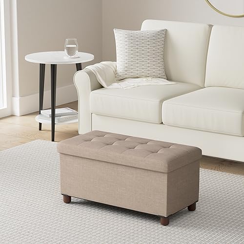30 Inches Storage Ottoman Bench, Storage Bench with Wooden Legs for Living Room Ottoman Foot Rest Removeable Lid for Bedroom End of Bed, Linen Fabric, Folding Beige Ottoman