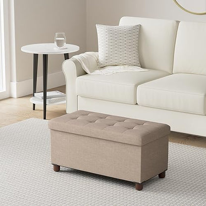 30 Inches Storage Ottoman Bench, Storage Bench with Wooden Legs for Living Room Ottoman Foot Rest Removeable Lid for Bedroom End of Bed, Linen Fabric, Folding Beige Ottoman