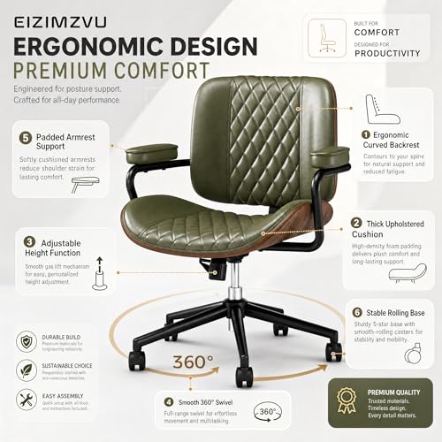 Home Office Desk Chair with Wheels, Armless Adjustable Height PU Leather Office Chair, Mid Back Ergonomic Computer Chair, Walnut Curved Seat Design No-Arm Chair (GX-9006-Armrests-Green) - color: Gx-9006-armrests-green