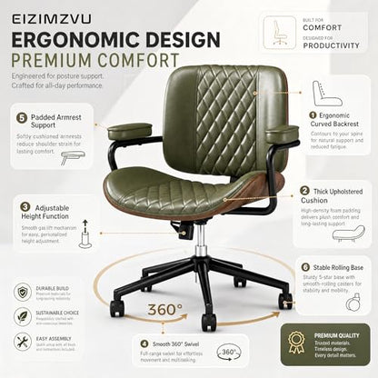 Home Office Desk Chair with Wheels, Armless Adjustable Height PU Leather Office Chair, Mid Back Ergonomic Computer Chair, Walnut Curved Seat Design No-Arm Chair (GX-9006-Armrests-Green) - color: Gx-9006-armrests-green
