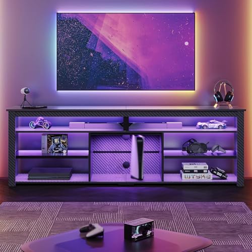 Bestier Modern LED TV Stand, 75" Gaming Media Console, Carbon Fiber Black - color: Black Carbon Fiber, size: 70 inch