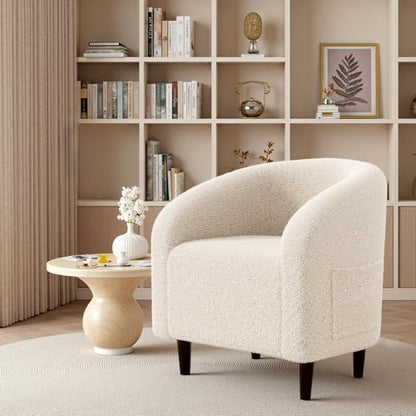 TLSUNNY Accent Chair, Upholstered Comfy Teddy Fabric Barrel Chair | Modern Furry Barrel Chair with a Side Pocket, Club Armchair for Living Room/Bedroom/Reception Room - color: Beige