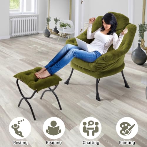 Lazy Chair with Folding Ottoman,Leisure Sofa Chair,Soft Fabric Armchair with Armrests and Side Pockets, Reading Chair with Footrest for Living Room, Bedroom, Office (Plush Green) - color: Plush Green