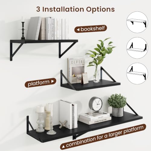 Deep Floating Shelves, 18'' x 10'' Black Wall Shelves Set of 2 | 10 Inch Deep Shelves with Heavy Duty Brackets, Rustic Wood Shelves for Bathroom Living Room, Engineered Wood, 30LBS - color: Black, size: 18W x 10D