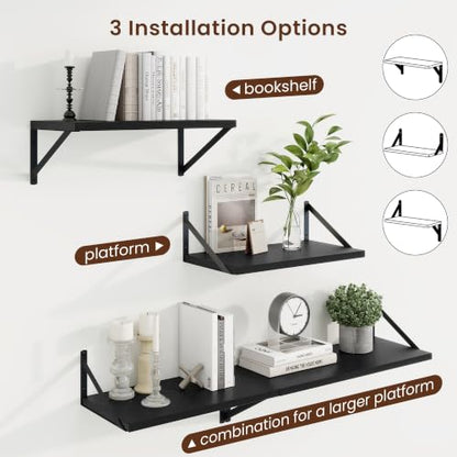 Deep Floating Shelves, 18'' x 10'' Black Wall Shelves Set of 2 | 10 Inch Deep Shelves with Heavy Duty Brackets, Rustic Wood Shelves for Bathroom Living Room, Engineered Wood, 30LBS - color: Black, size: 18W x 10D