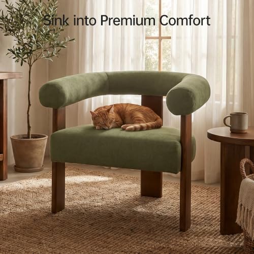 VKNOW Barrel Accent Chair, Vanity Chair with Armrests and Walnut Wood Legs | Mid Century Modern Upholstered Living Room Chairs with Open Back, Faux Mohair Fabric, for Living Room, Bedroom, Green - color: Green(walnut Legs), size: Set of 1