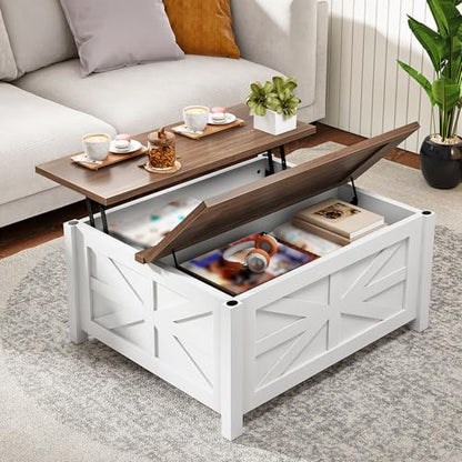 31.5" Lift Top Coffee Table, Farmhouse Coffee Table with Charging Station and Storage, 2 AC Outlets and 2 USB Ports, White and Walnut MKF02UWAN1