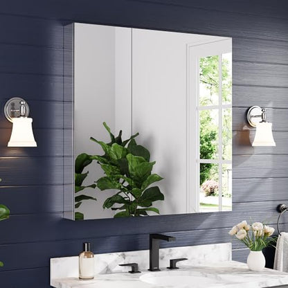 36"x36" Medicine Cabinet with Mirror & Soft Close Hinges, Surface Mount or Recessed Medicine Cabinet with Adjustable Shelves, Bathroom Wall Medicine Cabinet with Storage, Aluminum Alloy Frame, Combo - size: 36" x 36"