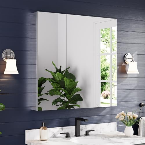 36"x36" Medicine Cabinet with Mirror & Soft Close Hinges, Surface Mount or Recessed Medicine Cabinet with Adjustable Shelves, Bathroom Wall Medicine Cabinet with Storage, Aluminum Alloy Frame, Combo - size: 36" x 36"