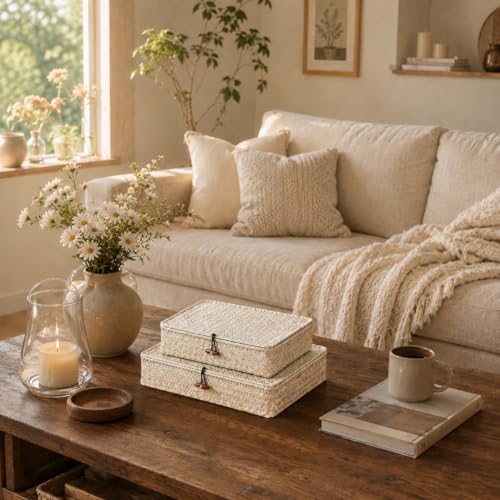 YANGQIHOME Set of 2 Seagrass Baskets with Lids, Rectangular Woven Storage Baskets, Natural Wicker Basket Boxes for Coffee Table, Shelf, Bathroom Counter & Closet Decor (Whitewashed, Set of 2) - color: Whitewashed, size: Set of 2