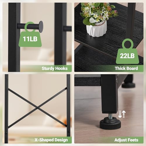 ELYKEN Coat Rack Freestanding, Hall Tree with 3 Shelves and 12 Hooks, Black | Industrial Metal Frame, Space-Saving Design, Clothes Rack Stand Organizer for Bedroom, Hallway, Entryway, Office, Living Room - color: Black