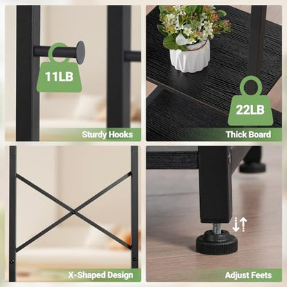 ELYKEN Coat Rack Freestanding, Hall Tree with 3 Shelves and 12 Hooks, Black | Industrial Metal Frame, Space-Saving Design, Clothes Rack Stand Organizer for Bedroom, Hallway, Entryway, Office, Living Room - color: Black