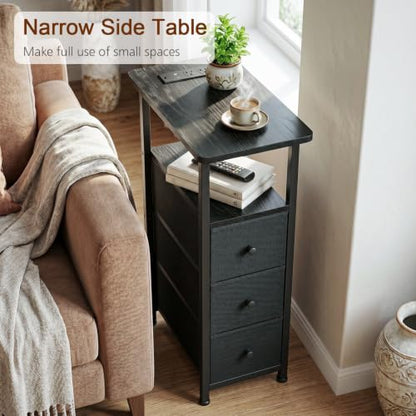 Narrow End Table with Charging Station, Small Nightstand | Skinny Side Tables Living Room with 3 Fabric Drawers, Slim Bedside Table for Bedroom, Small Spaces, Couch, Black - color: Black, size: 27.55''H (3 Drawers), style: Power