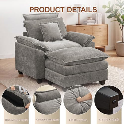 46'' Oversized Chaise Lounge with Ottoman, Cloud Deep Seat Accent Sofa Chair with Detachable Headrest, Double Thicked Cushion Lounge Armchair for Living Room, Bedroom, Light Grey - color: Light Grey, size: Chaise Lounge Chair