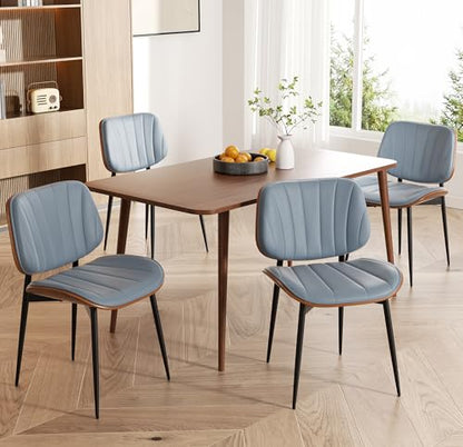 Dining Chairs Set of 4, Mid Century Modern Dining Room Chair, Upholstered Faux Leather Kitchen Chairs with Walnut Bentwood Back and Metal Legs for Kitchen Dining Room Living Room, Blue - color: Blue, size: Set of 4