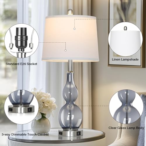 Rinweey 27.5" Gray Clear Glass Table Lamp Set of 2,3-Way Dimmable Touch Control Bedside Lamps with USB Ports and AC Outlet, Modern Nightstand Lamps for Bedroom Living Room - color: Grey-2