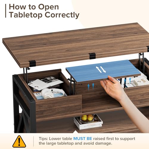 40" Lift Top Coffee Table with Storage,Walnut | 4 in 1 Multi-Function Lifting top Coffee Tables with Storage Drawers and Hidden Compartmen,for Living Room - color: Walnut