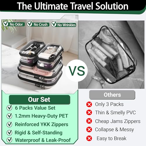 YQBRAO Clear Hard Shell Zipper Cases, 6 Travel Organizers, 2M 4S, Black | Rigid clear shells in two practical sizes separate toiletries, skincare, cosmetics, chargers and frequently used accessories - color: Black, size: 6 Pack (2M+4S)
