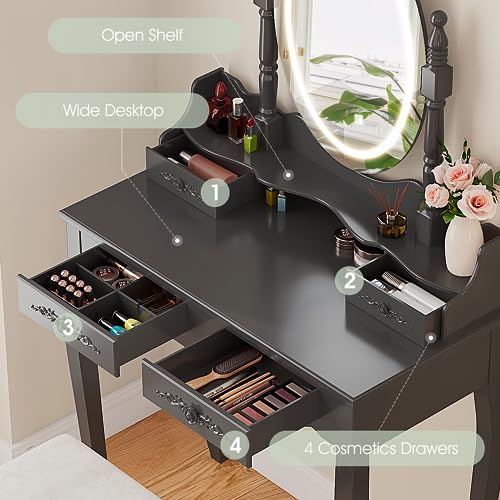 Vanity Desk with Mirror and Lights, Makeup Table with Cushioned Stool Set | Modern Vanity with 4 Drawers, 3 Color Lighting Modes with Adjustable Brightness, Dressing Table Set for Bedroom, Black Vanity - style: Black Vanity