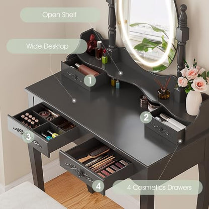 Vanity Desk with Mirror and Lights, Makeup Table with Cushioned Stool Set | Modern Vanity with 4 Drawers, 3 Color Lighting Modes with Adjustable Brightness, Dressing Table Set for Bedroom, Black Vanity - style: Black Vanity