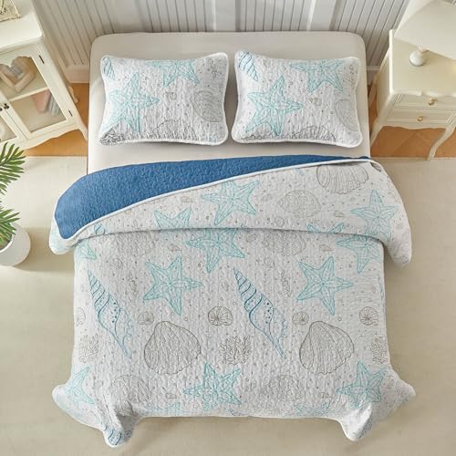 Coastal Quilt Sets Twin Size - Reversible Microfiber Ocean Style with Starfish Scallop Shell Soft Beach Bedding Nautical Bedspread Coverlet Summer Comforter with 1 Sham - color: Starfish, size: Twin-68x86 in