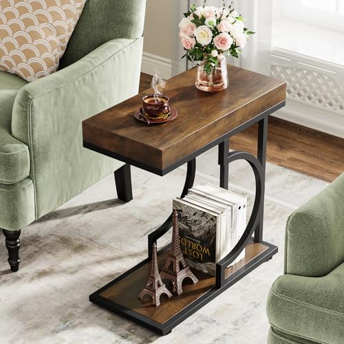 Tribesigns Narrow Side Table Set of 2, C Shaped End Table for Couch, Modern Bedside Tables with Metal Frame, Small Sofa Tables for Small Spaces, Living Room (2, Brown+Black) - color: Brown+black