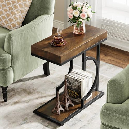 Tribesigns Narrow Side Table Set of 2, C Shaped End Table for Couch, Modern Bedside Tables with Metal Frame, Small Sofa Tables for Small Spaces, Living Room (2, Brown+Black) - color: Brown+black